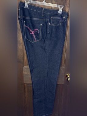 LEXI Jeans Womens 16 Indigo Black Denim Pink Embroidered Pocket Beaded EUC Y2K
